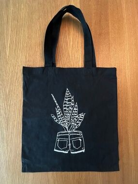 P(L)ANT Minimalist White Line Art Black Canvas Tote.